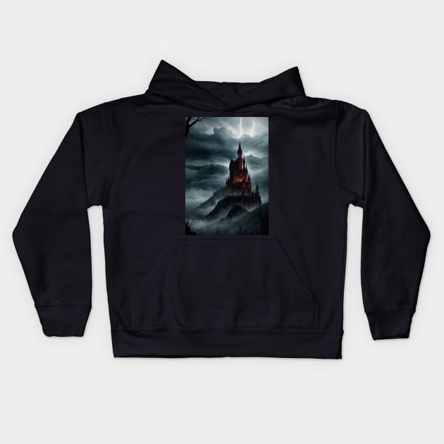 Spooky Castle Render with Lightning Flashing Above Kids Hoodie by CursedContent